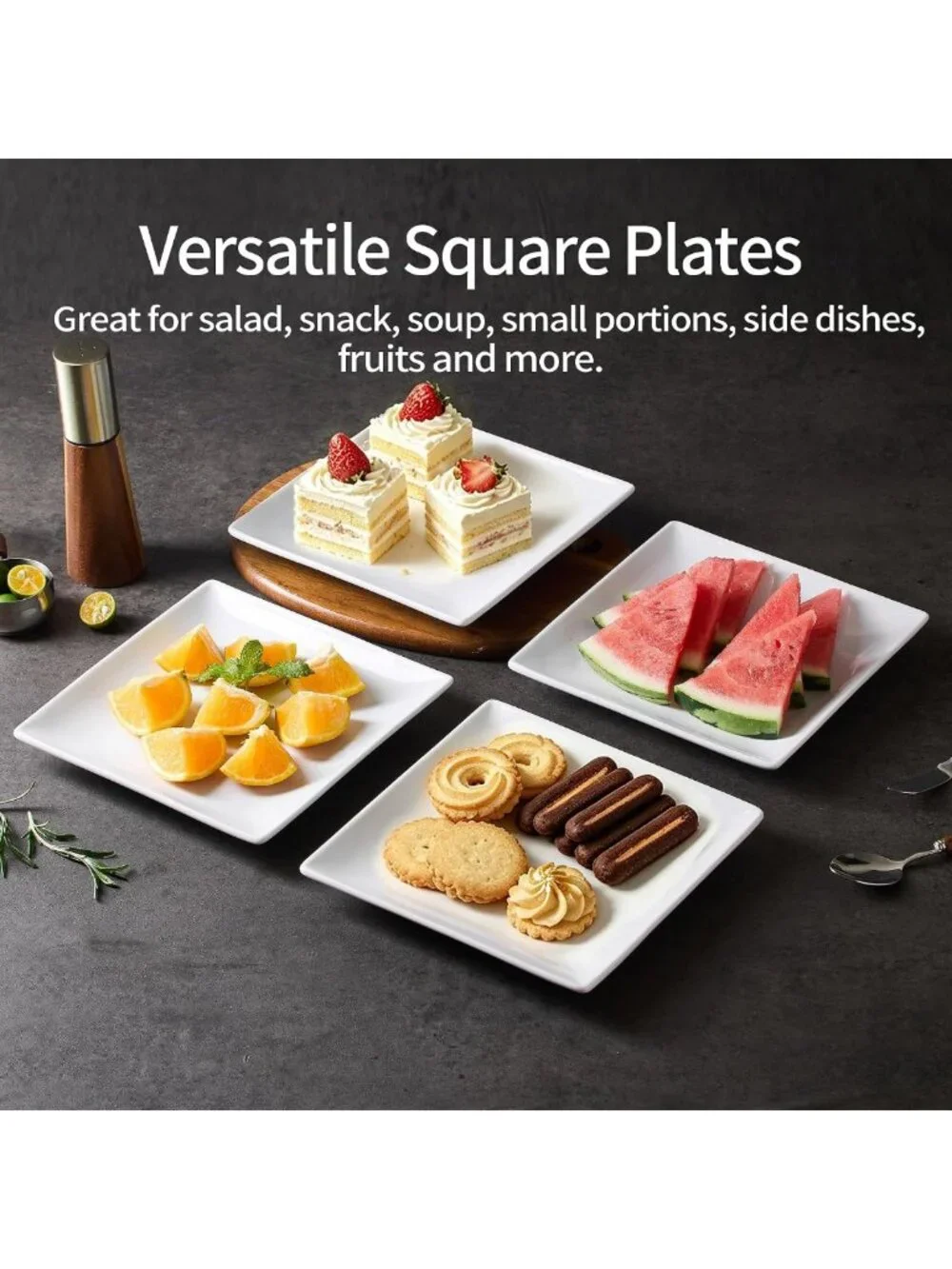 Set of 4 White Square Porcelain Appetizer Plates | 8